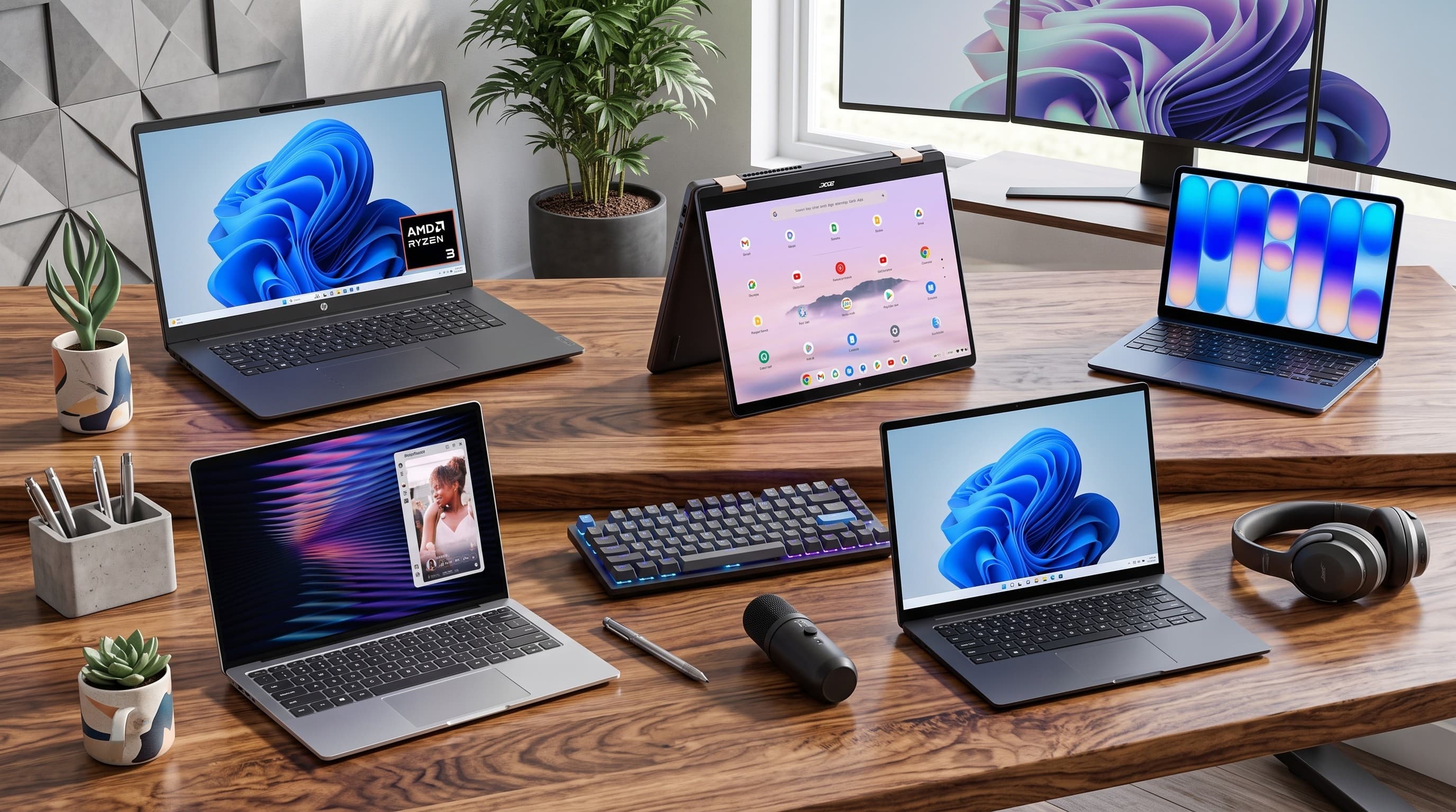 A collage of laptops on a marble surface, including a Dell XPS 13, MacBook Neo, Samsung Galaxy Book, Lenovo Chromebook, and HP laptop
