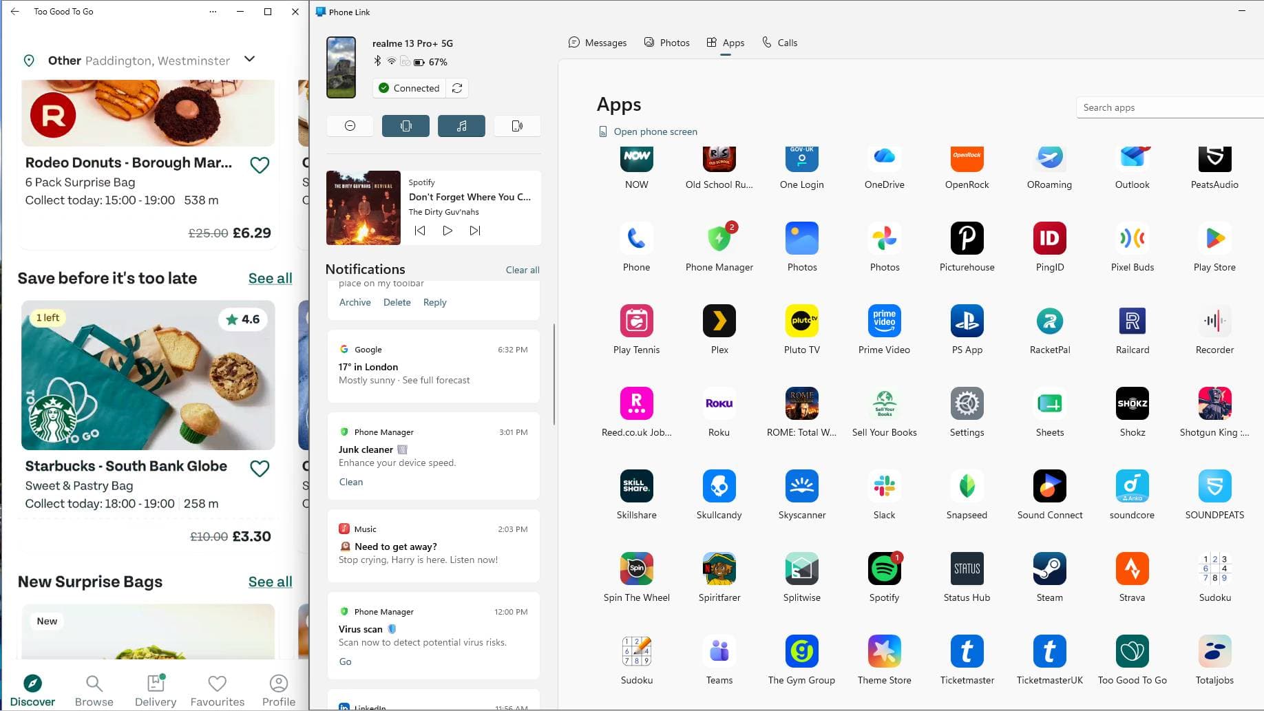 The Windows Phone Link Apps menu on the right, and on the left the window for Too Good To Go.
