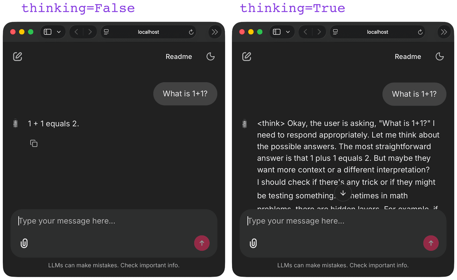 Figura 14: Respuesta del modelo de razonamiento Qwen3 0.6B con thinking=False y thinking=True. (Las etiquetas vacías <think></think> están ocultas en la interfaz a la izquierda ya que forman parte del prompt de entrada modificado, no de la respuesta generada.)