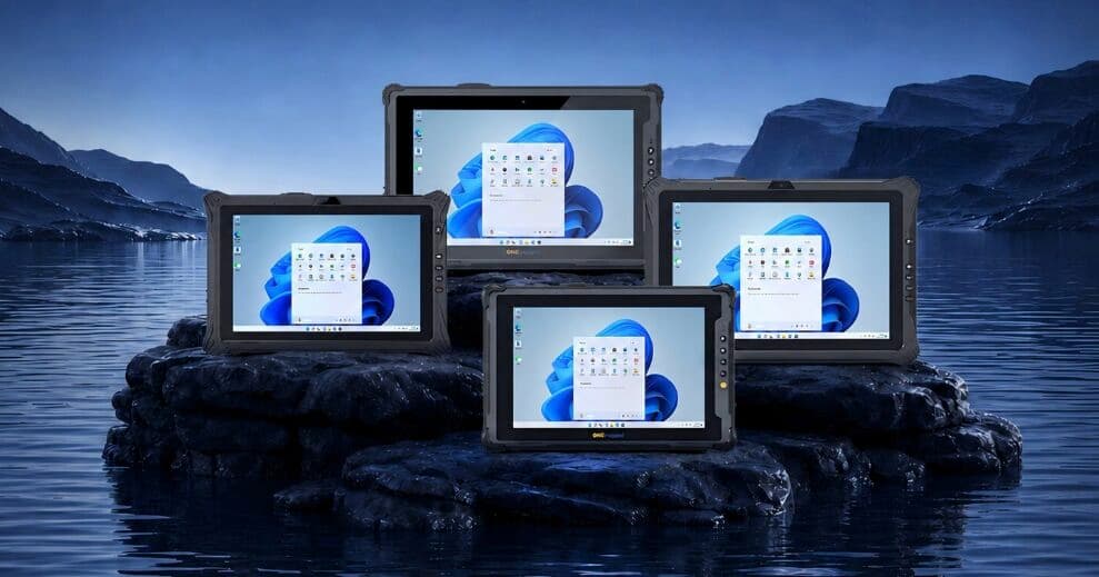 Cuatro tabletas resistentes ONERugged junto a un lago