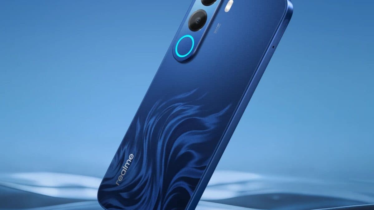 blue Realme C100x smartphone with dual camera and ring light