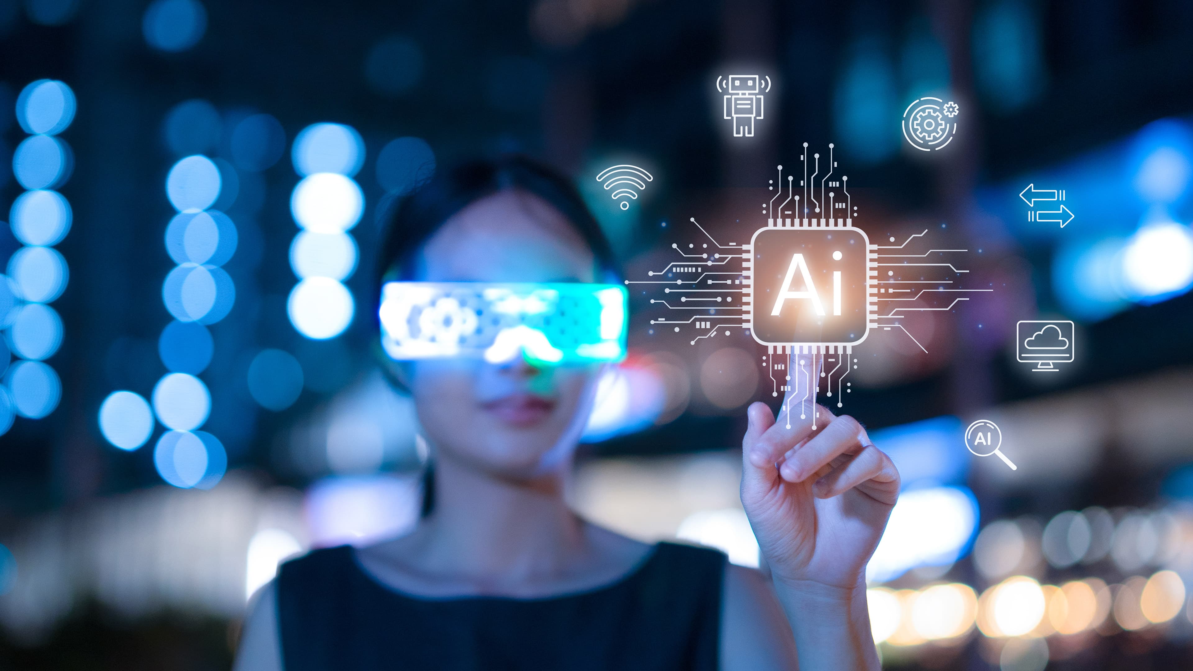 Una mujer al fondo toca texto luminoso de IA en primer plano mientras usa gafas inteligentes