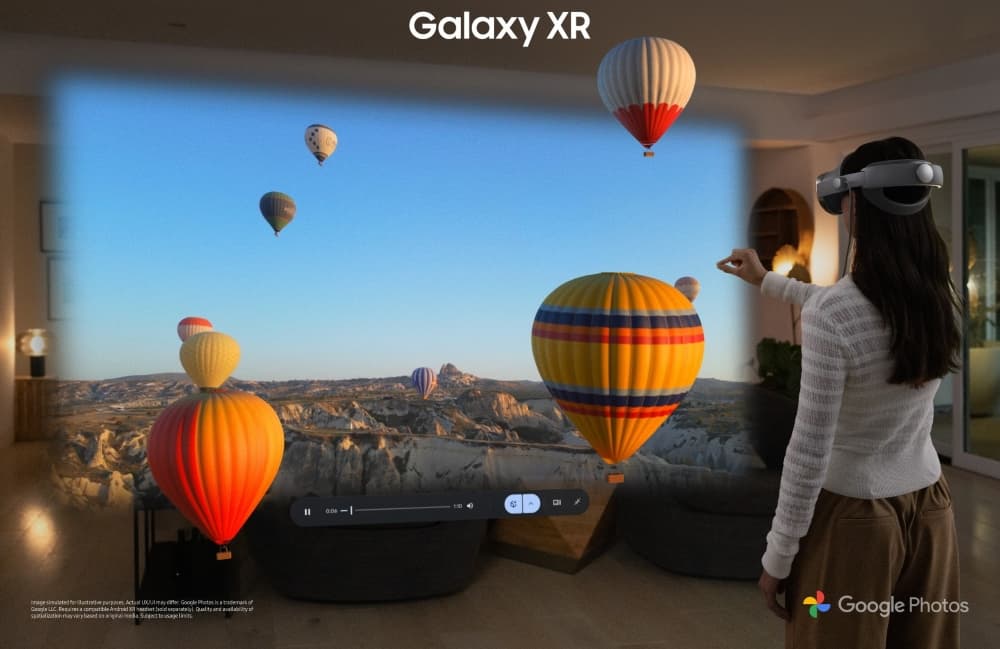 A woman using Google Photos with the Samsung Galaxy XR headset