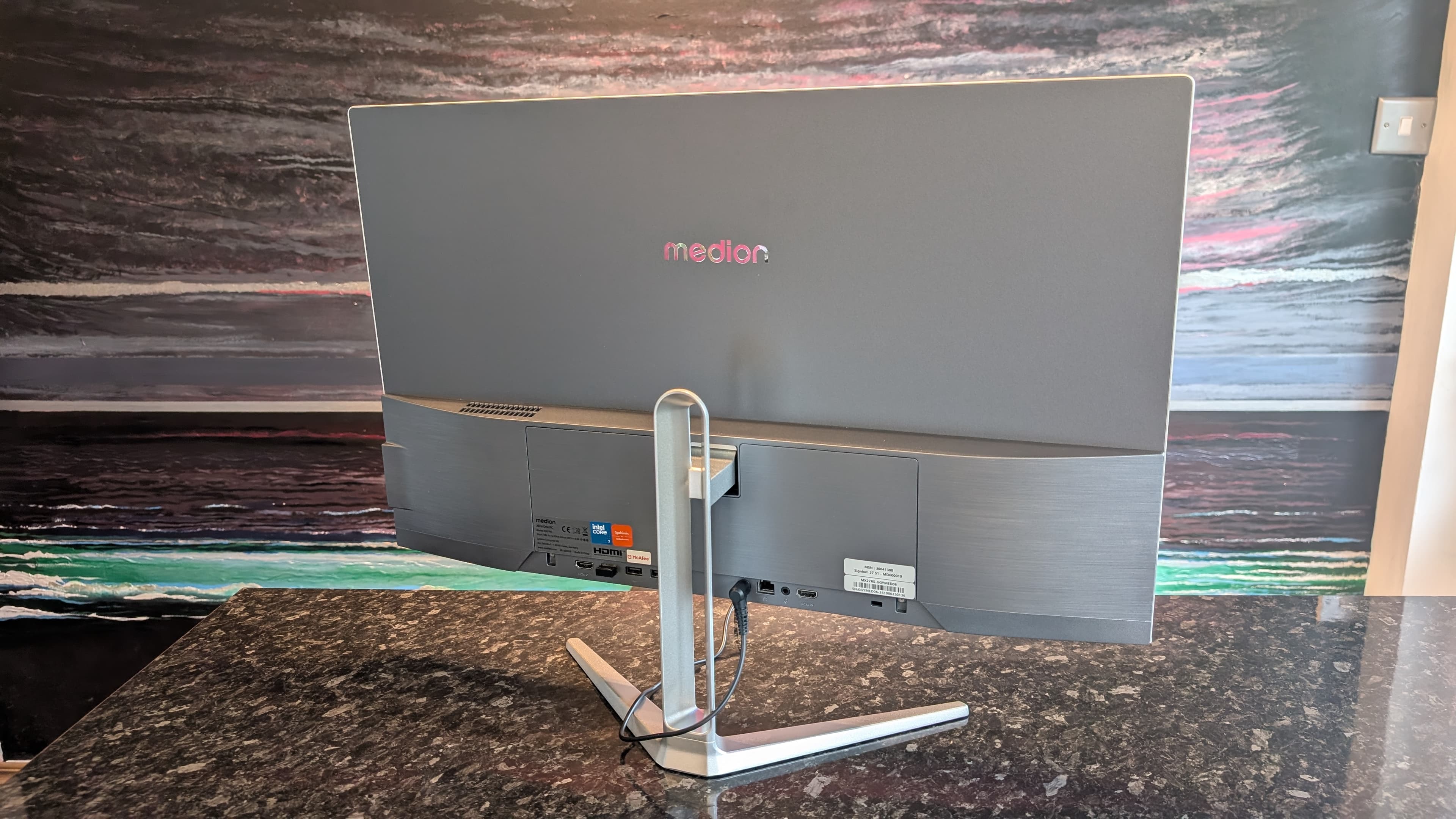 The Medion Signium 27 S1 AIO desktop pictured on a marble worksurface.