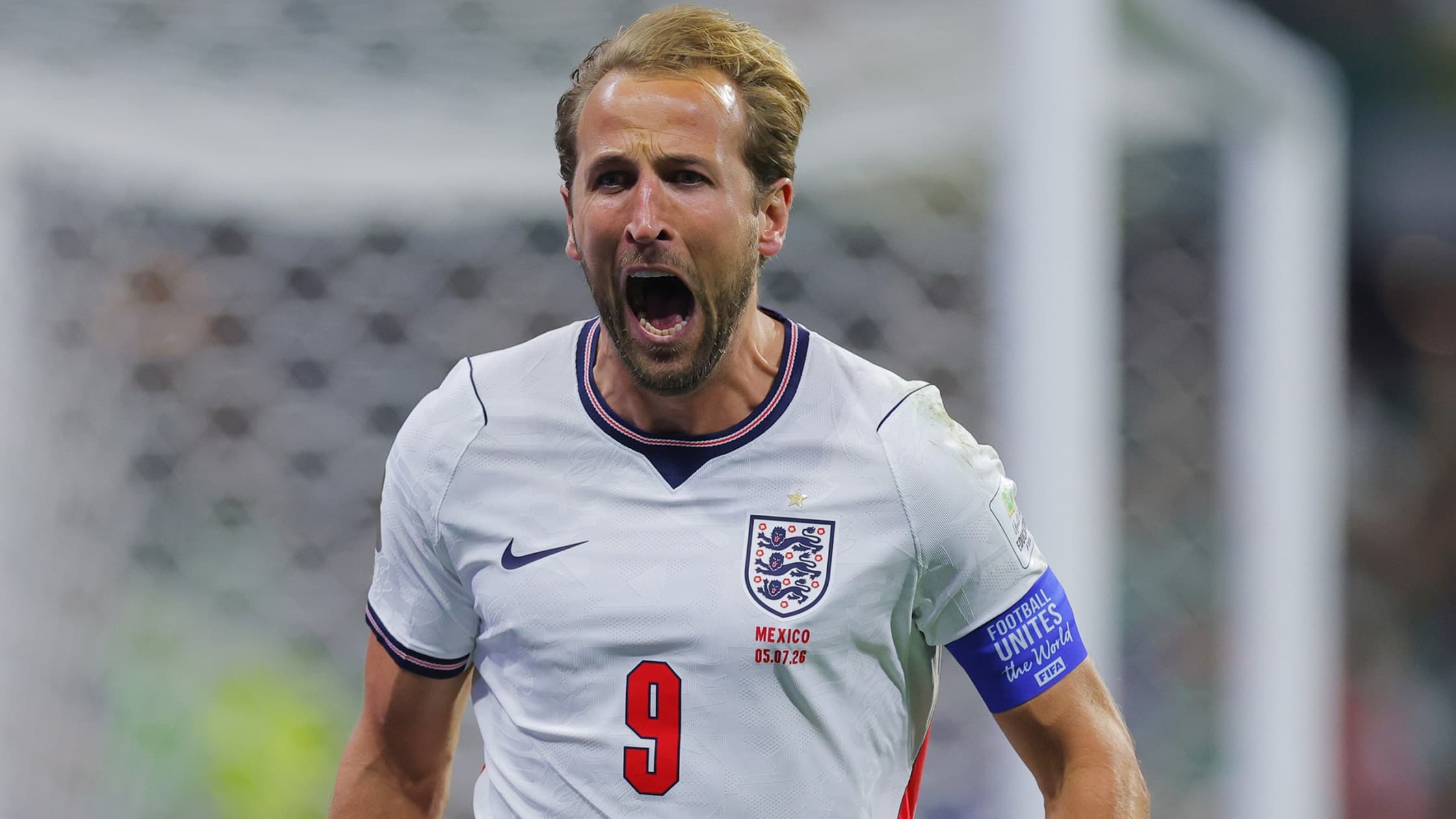 Harry Kane of England celebrates after scoring his team's third goal during the FIFA World Cup 2026 Round Of 16 match against Mexico at Mexico City Stadium on July 5, 2026 in Mexico City, Mexico