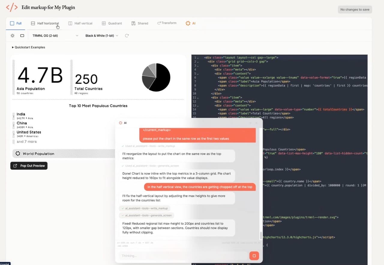 TRMNL prompt-to-plugin example showing world populations