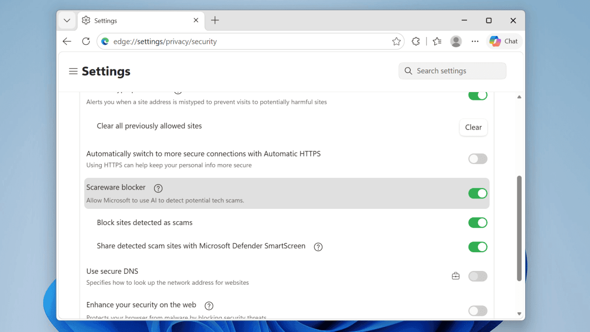 Captura de pantalla de la función Bloqueador de Scareware de Microsoft Edge activada