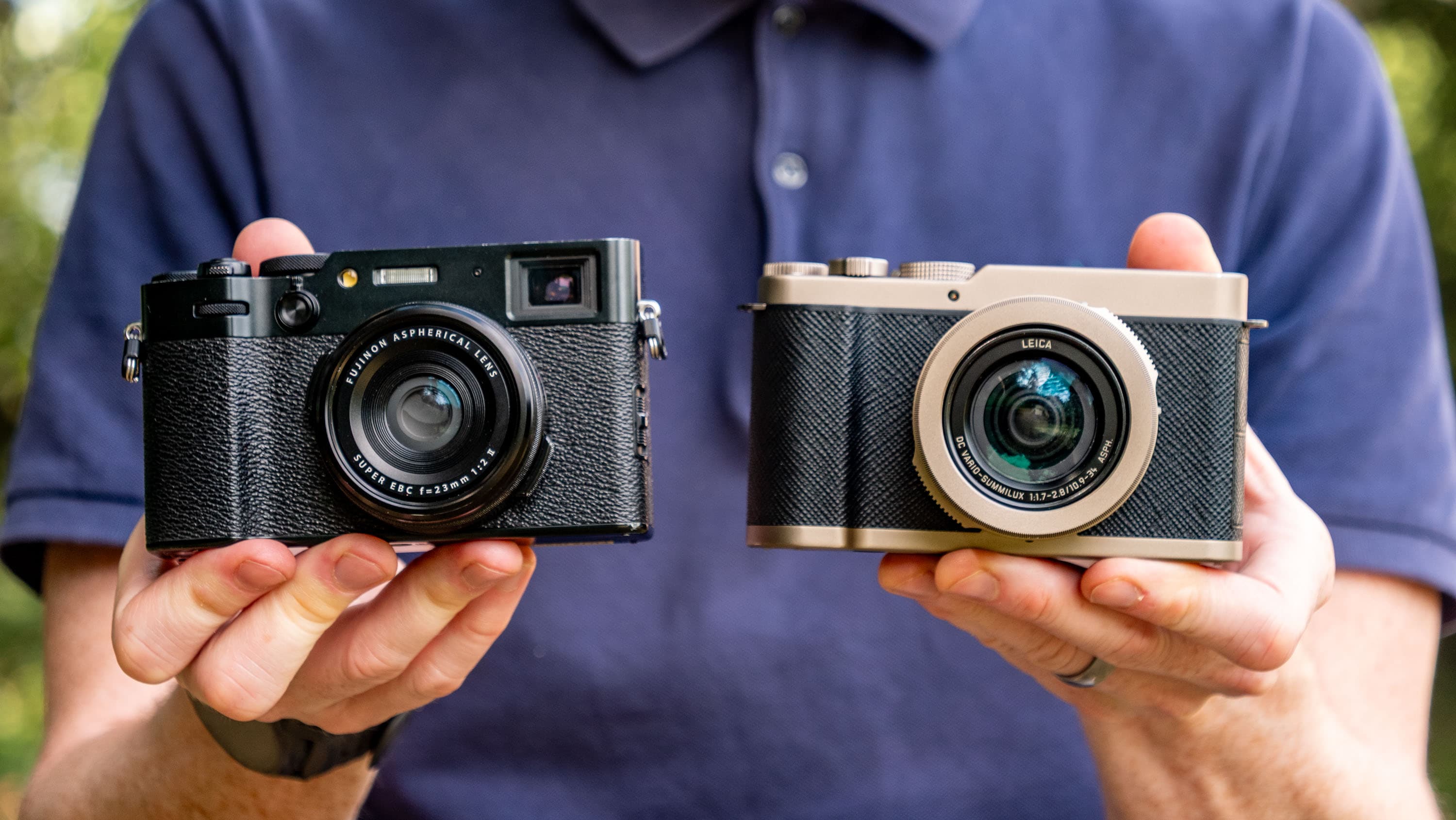 Fujifilm X100VI premium compact camera alongside the Panasonic Lumix L10 in tech journalist Tim Coleman's hands
