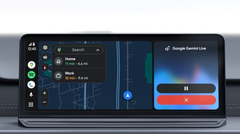 Android Auto on a car display with Maps and a Google Gemini prompt in split-screen