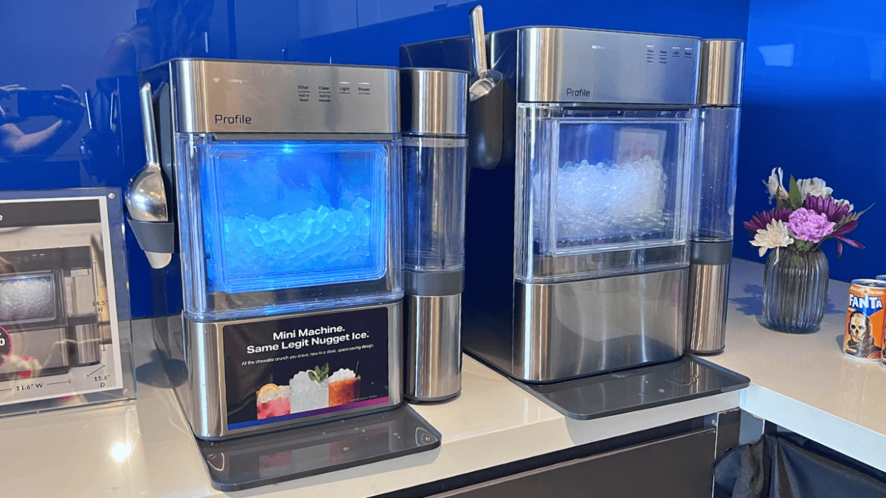 GE Profile Opal Mini nugget ice maker next to full sized Opal ice maker