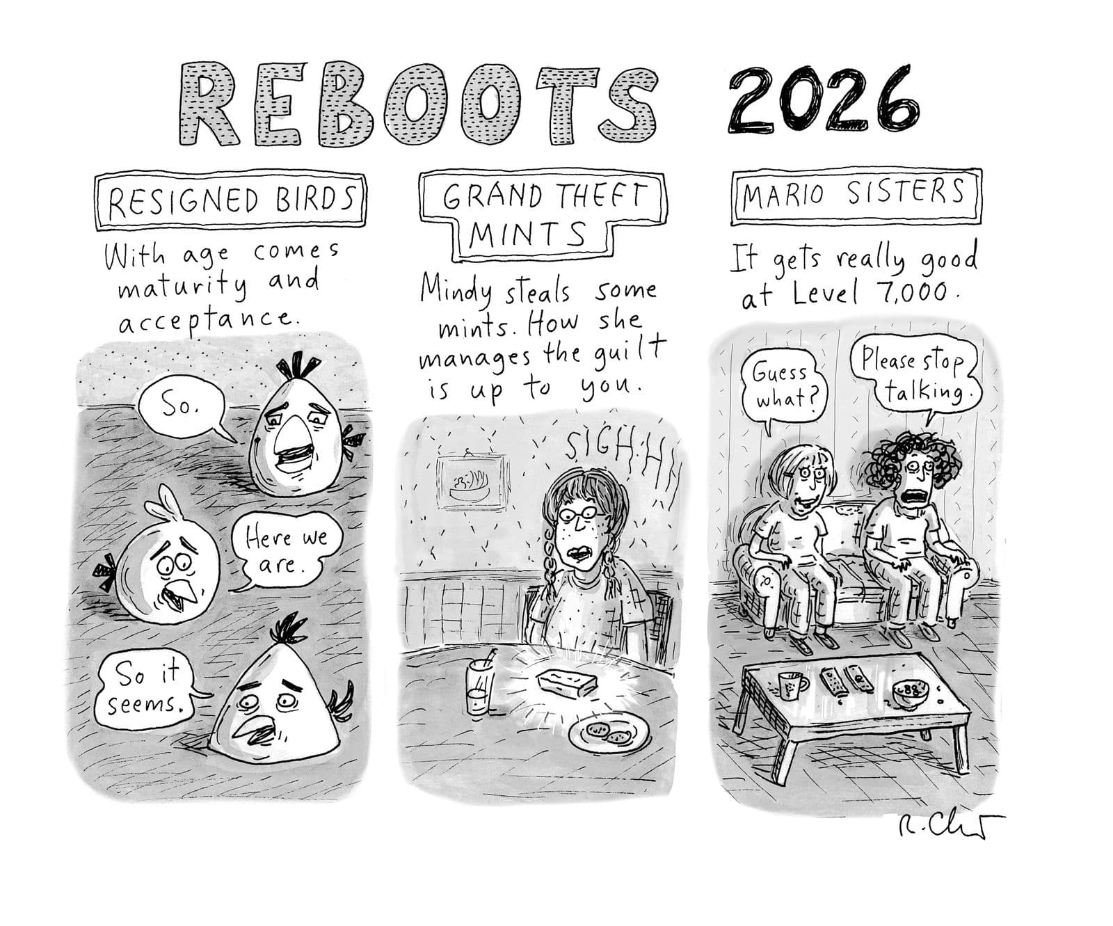 Three panels of 2026 reboot Resigned Birds Grand Theft Mints and Mario Sisters.
