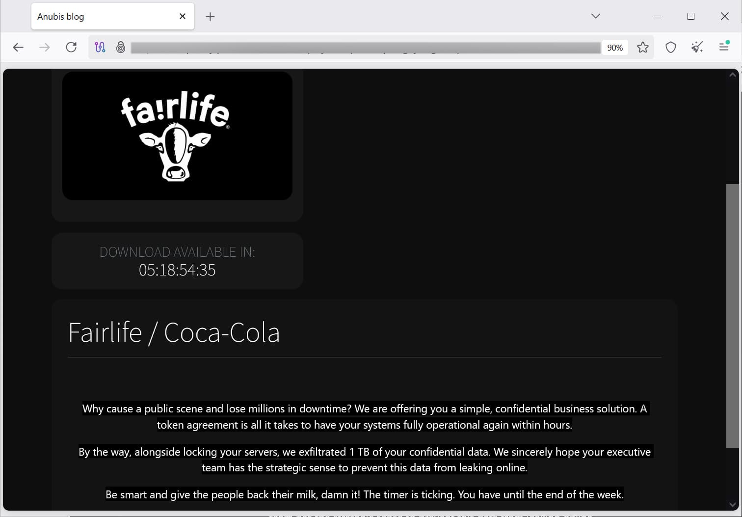 Fairlife de Coca-Cola listado en el sitio de filtraciones de datos de Anubis