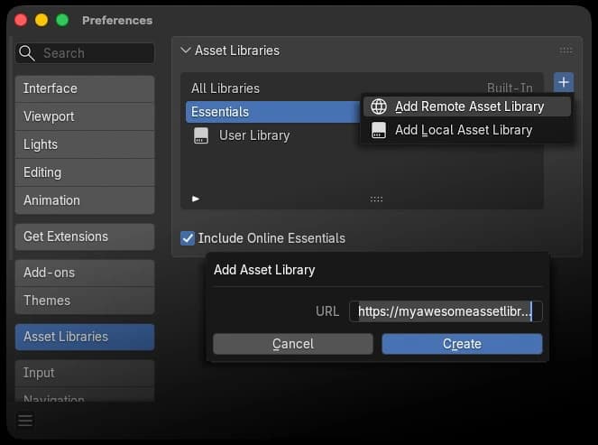 Preferencias para Add Remote Asset Library