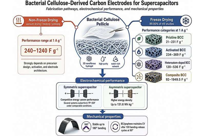 Bacterial cellulose offers a sustainable path for high-performance energy storage, highlights study
