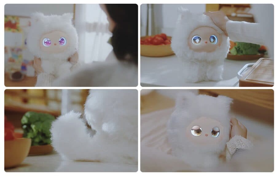 Fluffy iMoochi AI pet with OLED eyes and white fur