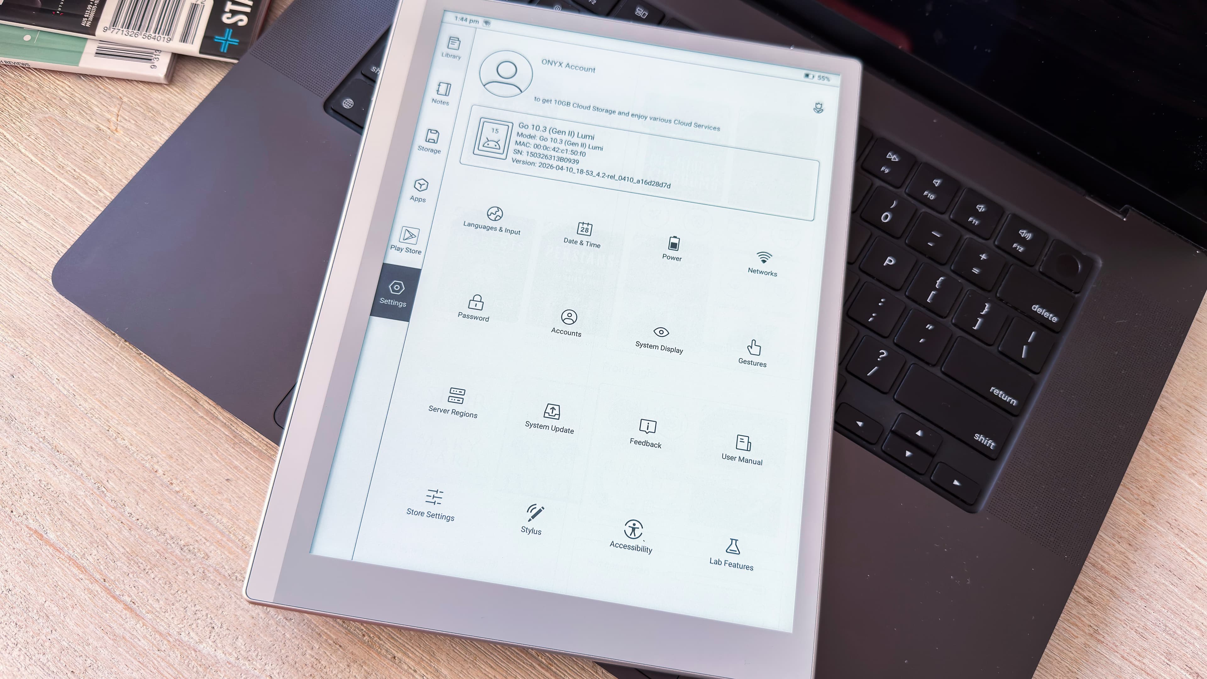 The settings pane on the Boox Go 10.3 Gen II Lumi