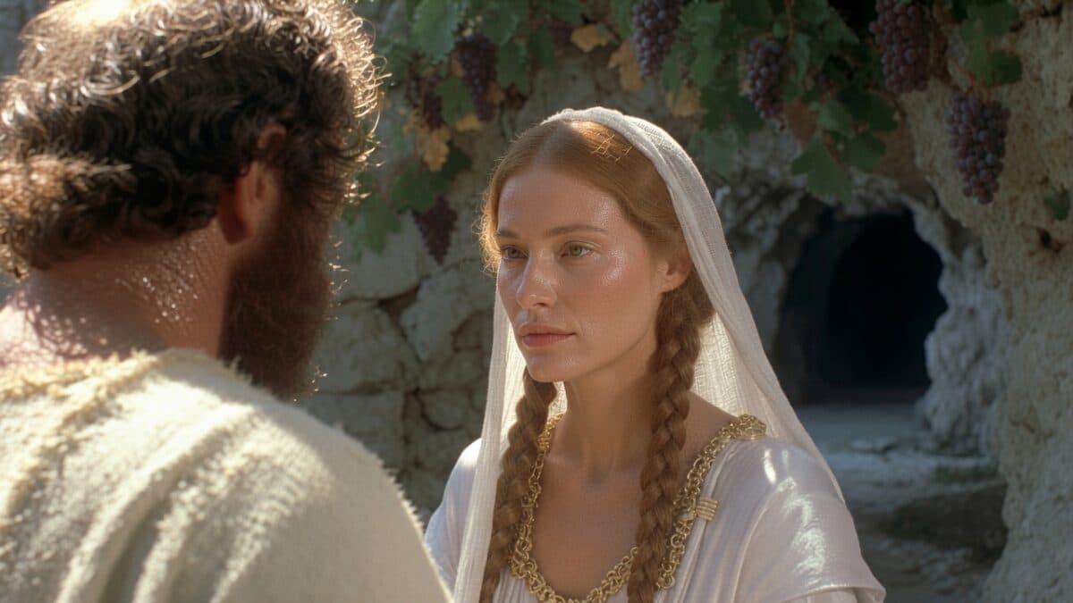 Two people in ancient costumes, one with a beard and long hair, the other with red braids and a white headband