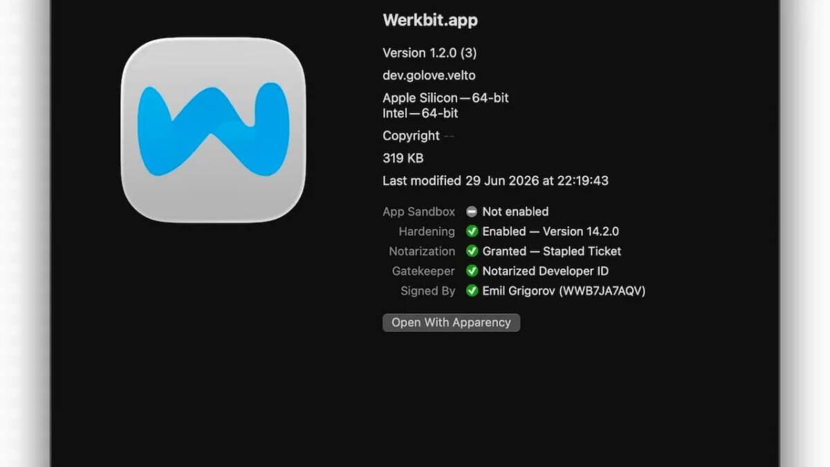 Information about the Werkbit.app application on macOS version 1.2.0