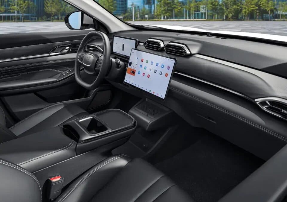 Interior of the Evolute i-Sky electric car with two displays