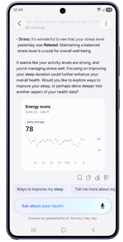 You can view your Energy Score and receive health recommendations directly from the Health Assistant. Credit: Samsung