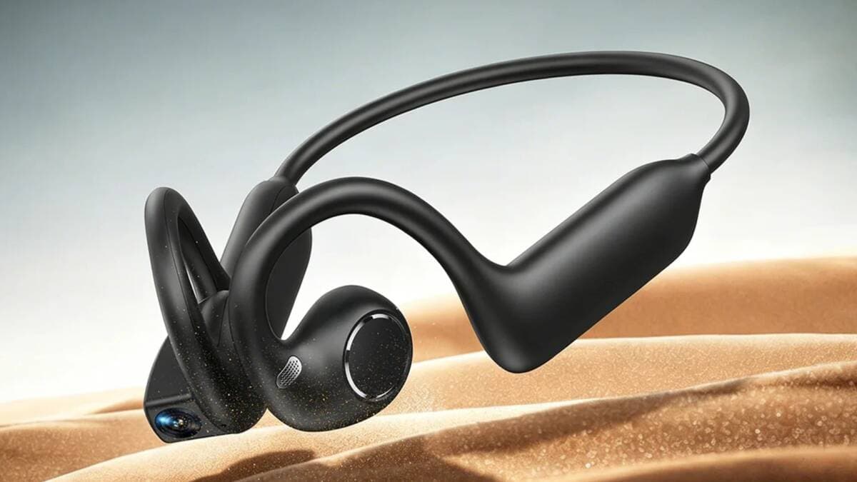 Black wireless earbuds with a built-in camera