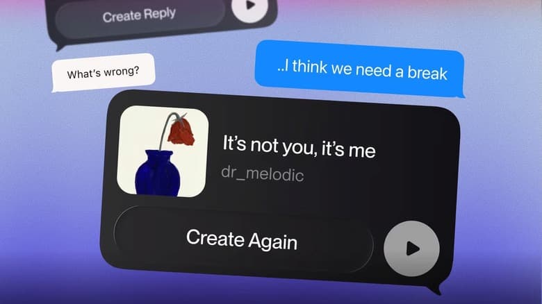 Graphic depicting text messages from people who are breaking up a relationship and an AI-generated song based on that information