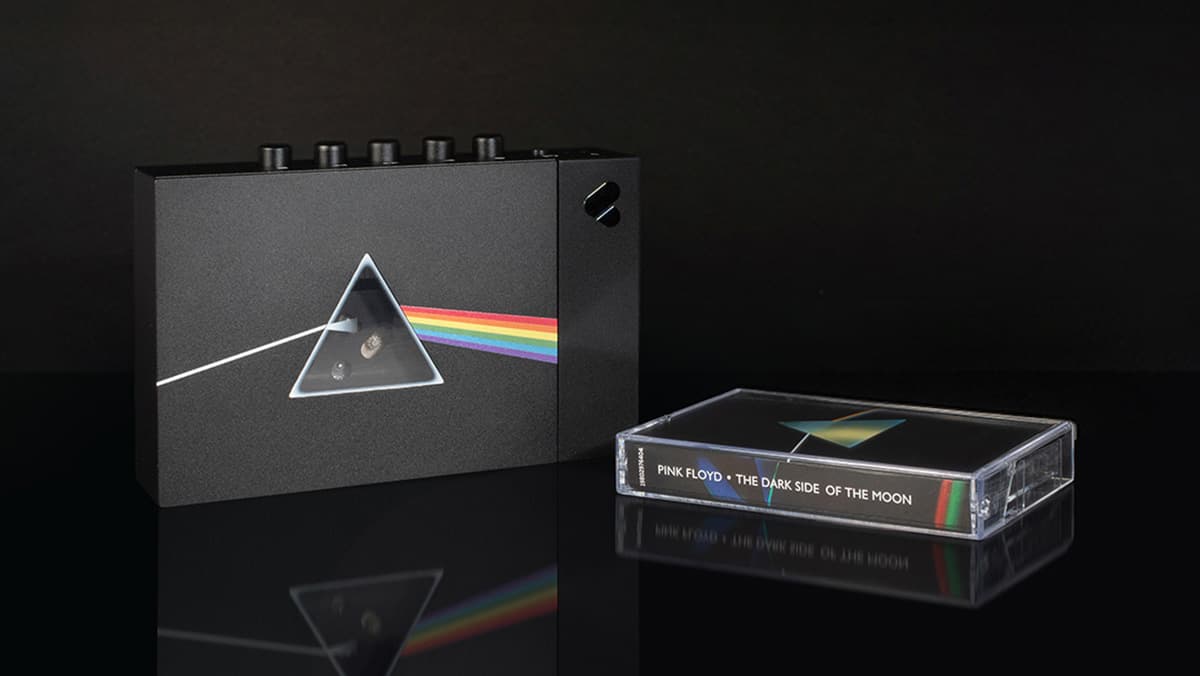 The Pink Floyd x We Are Rewind cassette player with the tape of the Dark Side of the Moon album