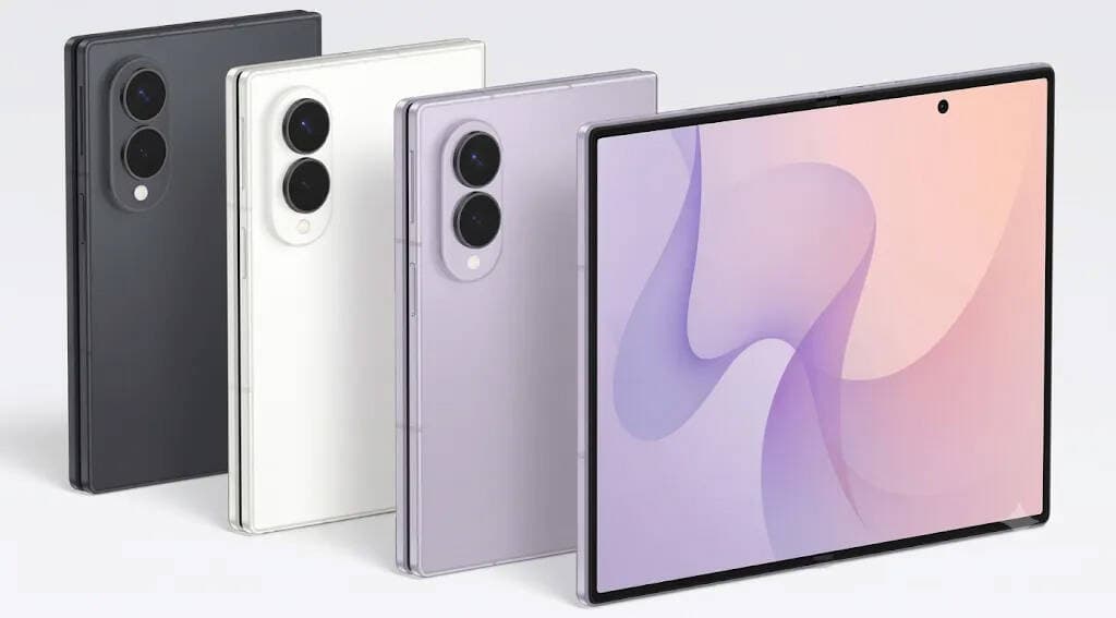 Teléfonos Samsung Galaxy Z Fold8 en cuatro colores, abiertos y cerrados