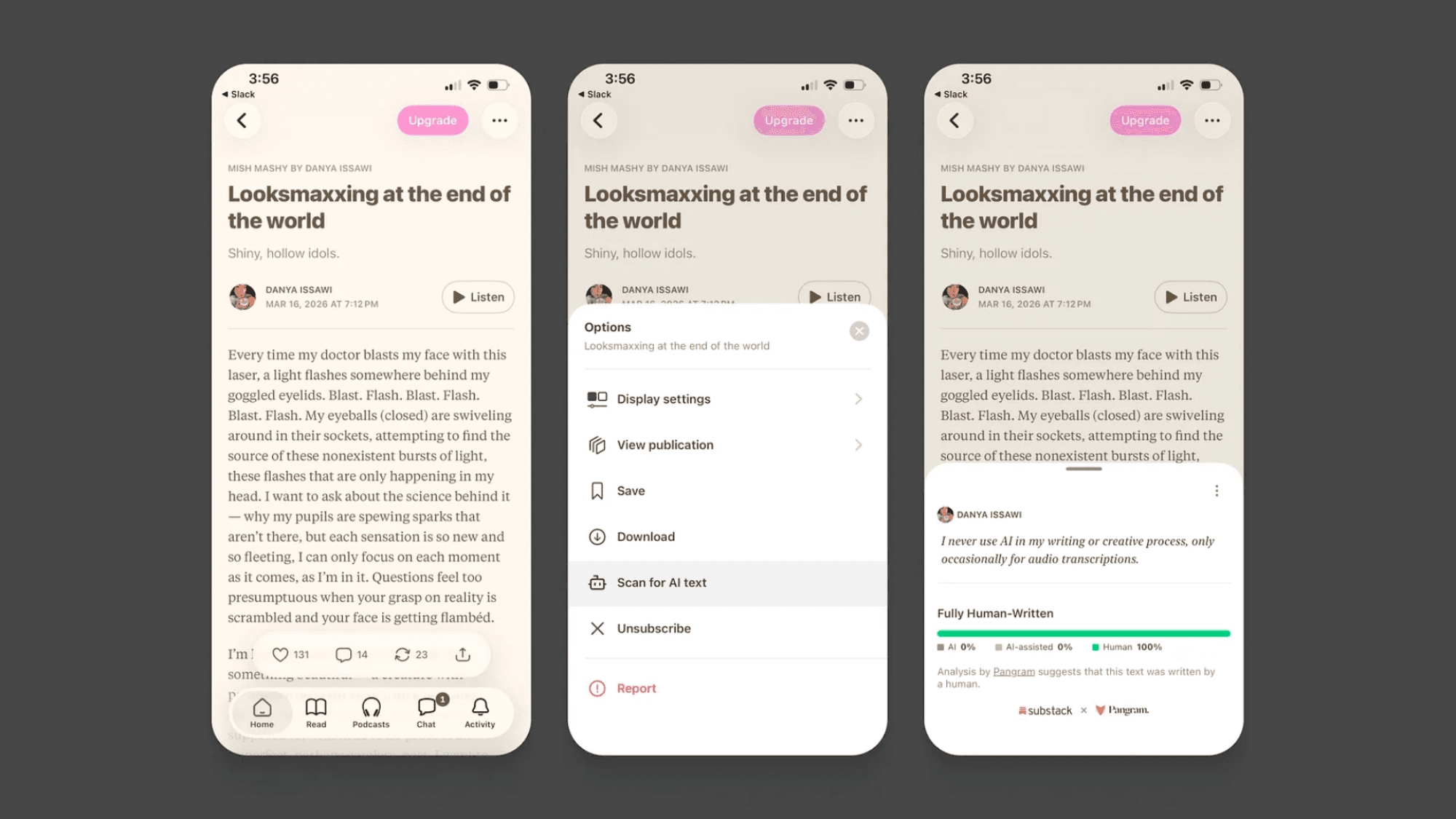 Three mobile Substack screenshots showing the new AI detection tool.