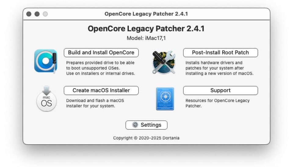 The main Open Core Legacy Patcher window for version 2.4.1, showing 5 buttons: 1. 'Build and Install OpenCore' 2. 'Create macOS Installer' 3. 'Post-install Root Patch' 4. 'Support' And centred at the bottom, a smaller 'Settings' button.