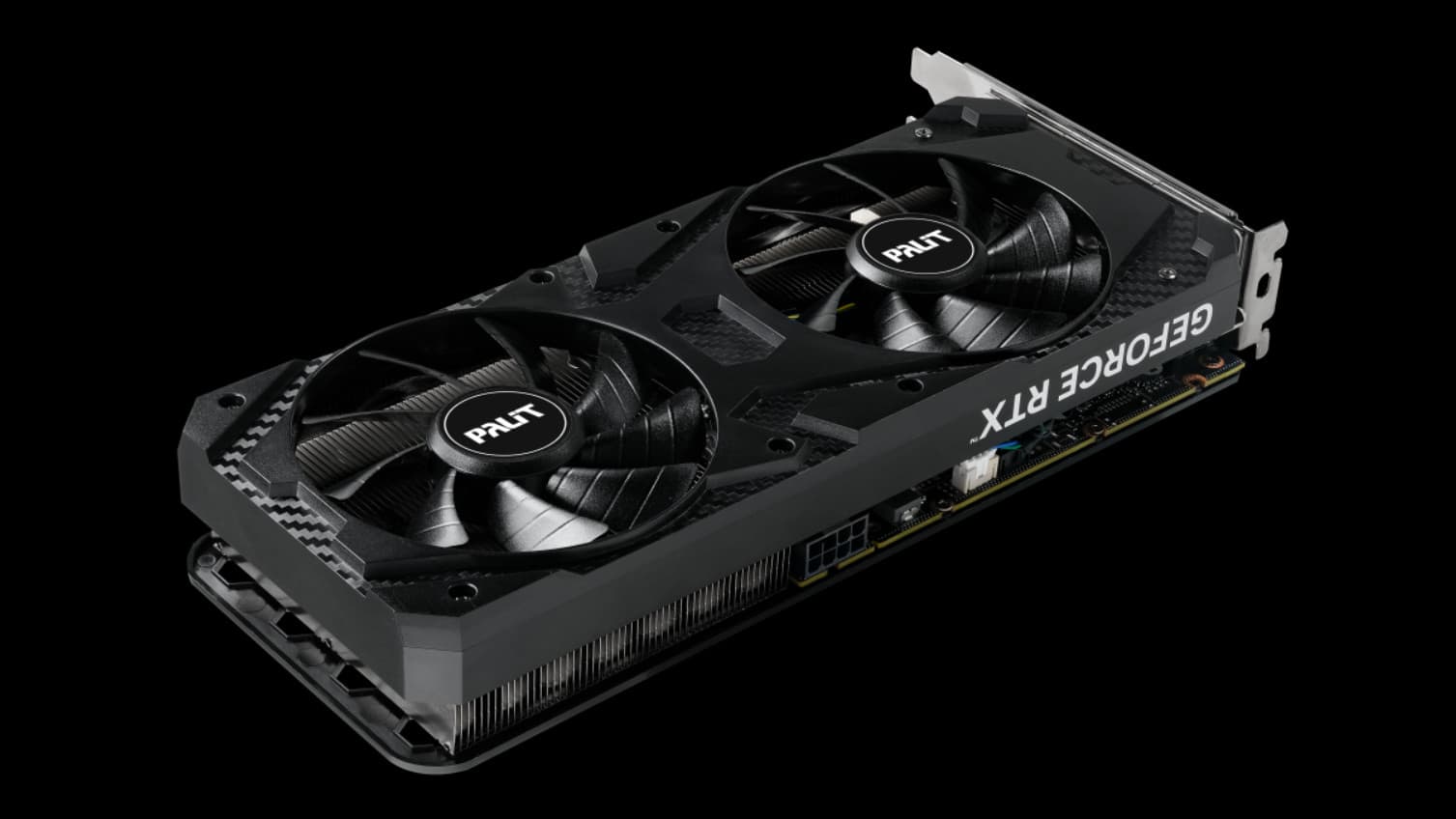 Tarjeta gráfica Palit GeForce RTX 3060 Infinity 2 OC mostrada en ángulo