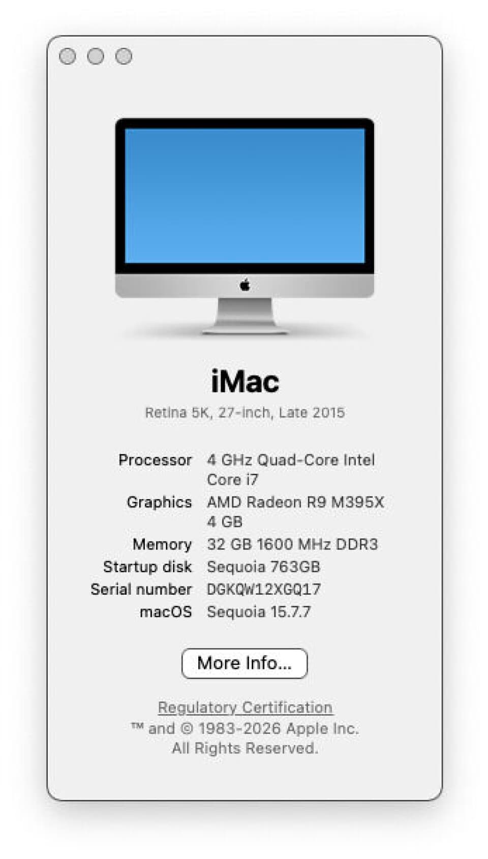 The About box for macOS Sequoia – on an iMac 17.1 which went out of support three versions earlier.