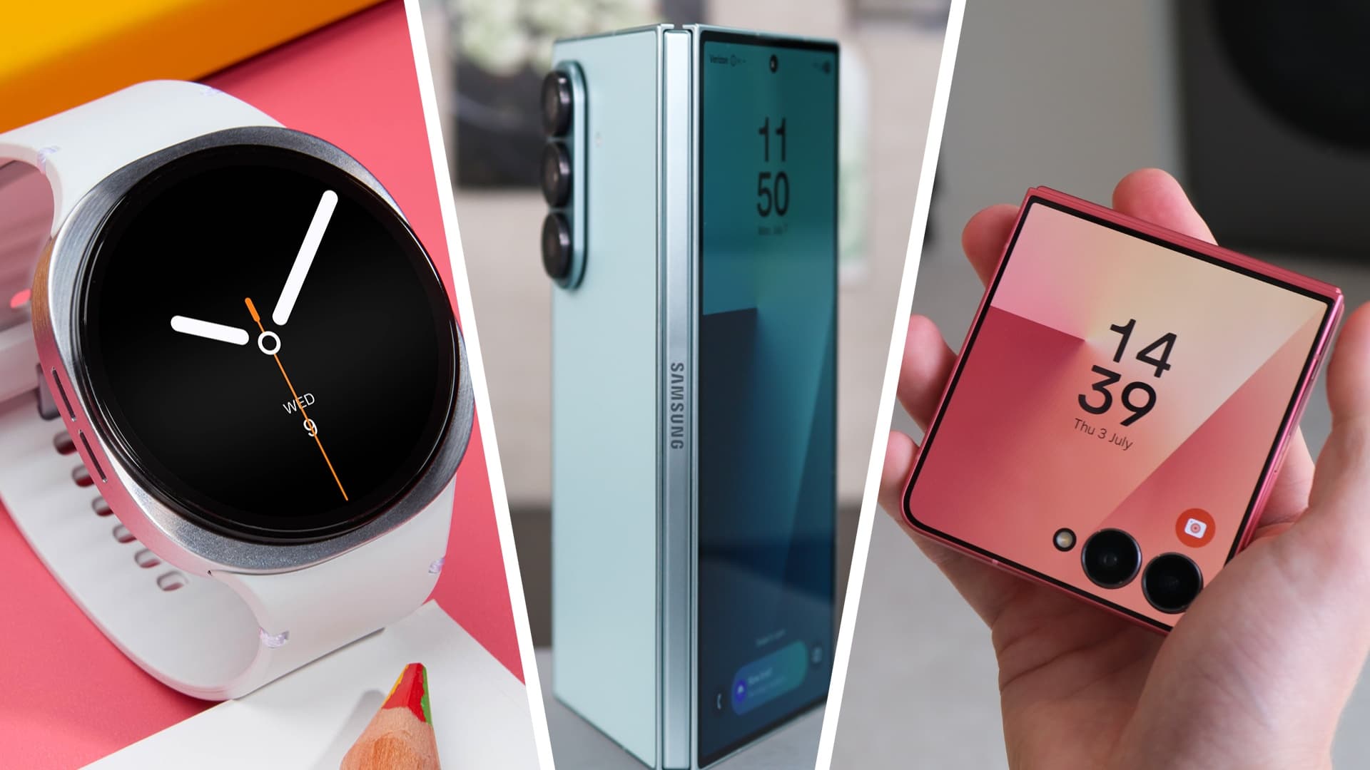 El Samsung Galaxy Watch 8, el Galaxy Z Fold 7 y el Galaxy Z Flip 7 dispuestos en una composición dividida en tres imágenes