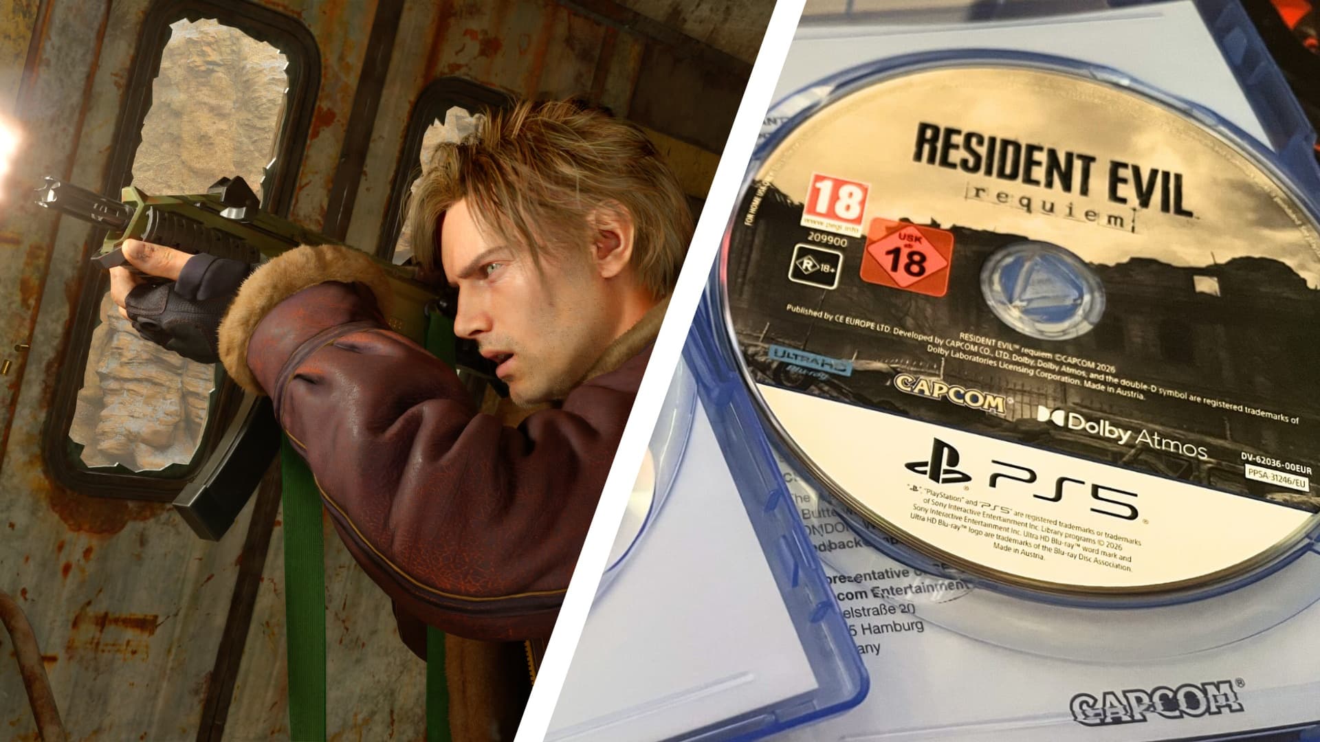 In-game Resident Evil Requiem screenshot and disc of game