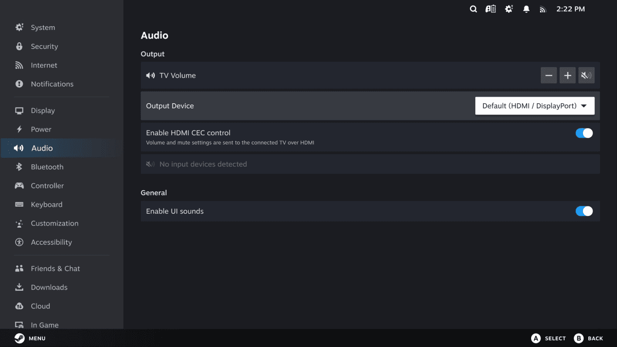Screenshot of Steam Machine sound settings menu