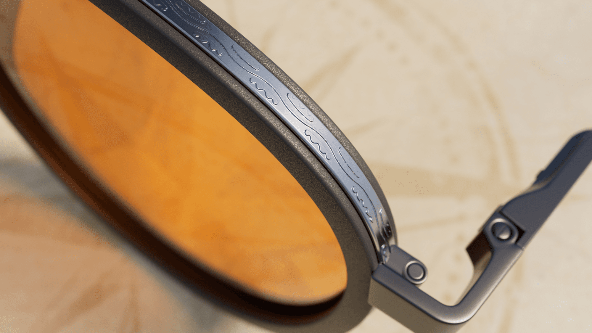 Rim detail of the GUNNAR Tomb Raider Croft glasses.