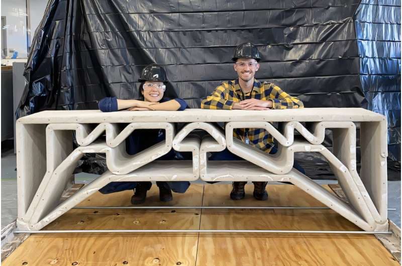 During testing, the roughly 900-pound bridge held more than 2,000 pounds of concrete blocks across its top without measurable bending, closely matching simulations. Photo courtesy of the researchers.