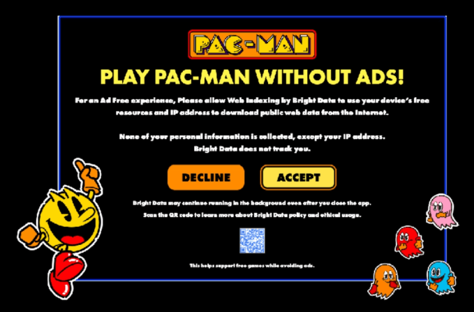 Una app de Pac-Man para smart TV de Bright Data ofrece a los usuarios la opción entre ver anuncios en el juego o aceptar que su televisor sirva como un nodo de proxy residencial. Imagen: Spur.us.